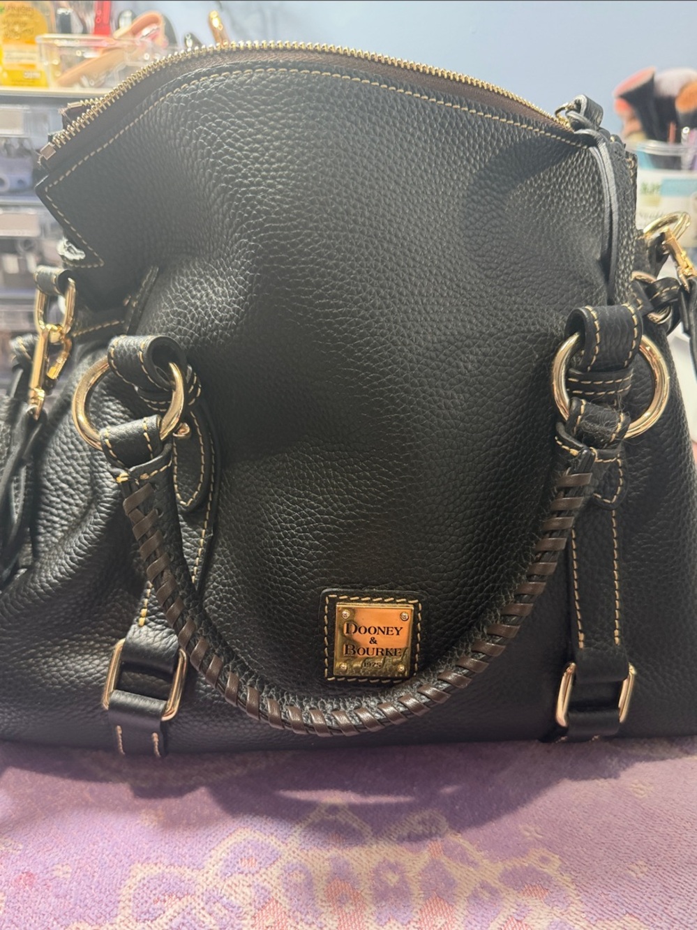 Dooney & Bourke Black Pebbled Leather Shoulder Bag with Gold Hardware